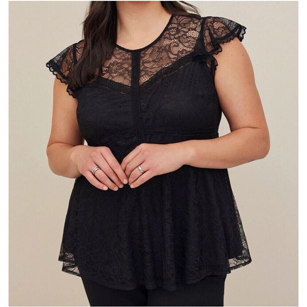 Torrid Sz 4 Black Peplum Lace Ruffle Sleeve Babydoll Top Romantic Goth Feminine